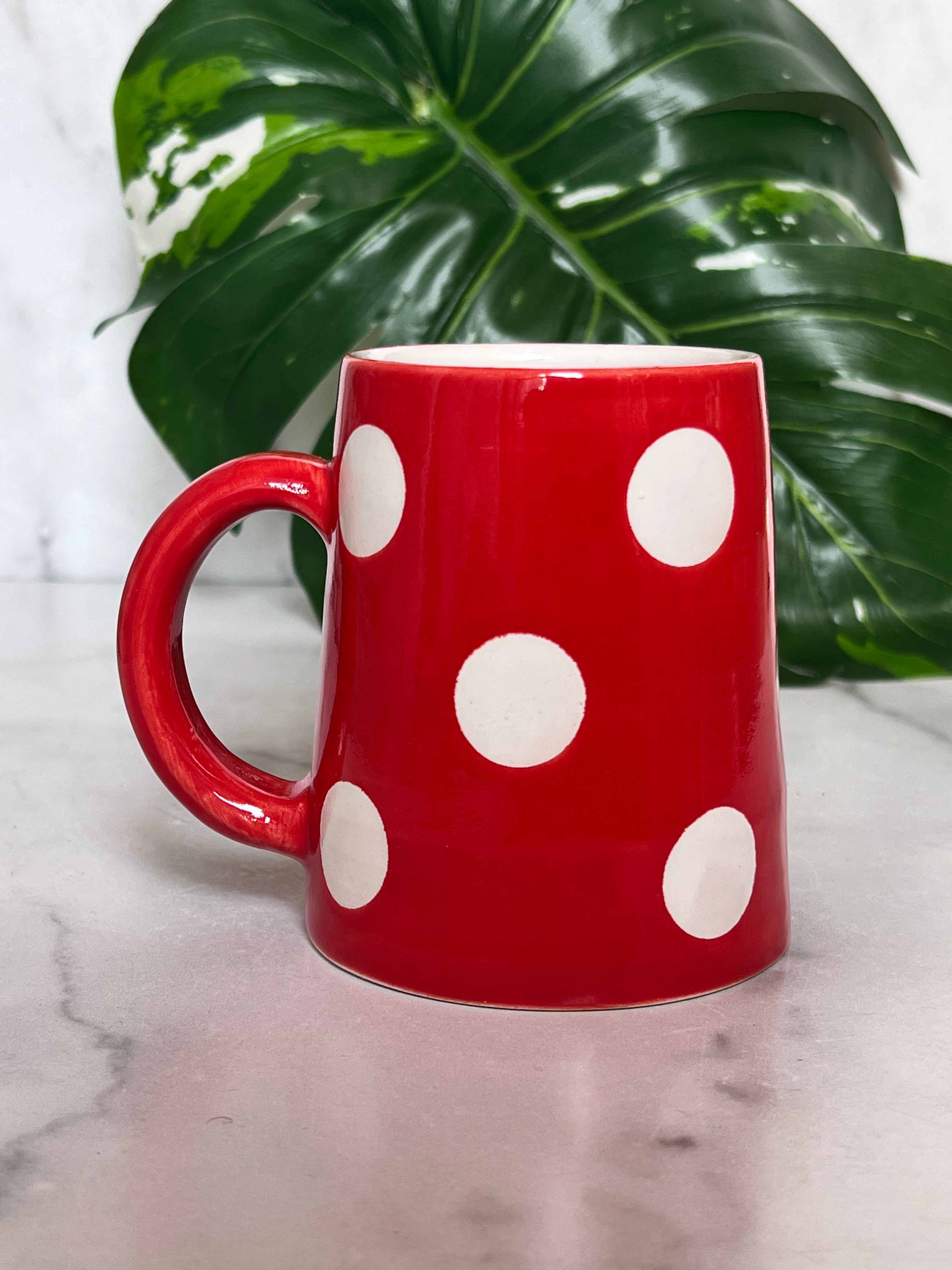 Bodum Ceramic 12oz Coffee Mugs Red White Polka Dots Set Of 6